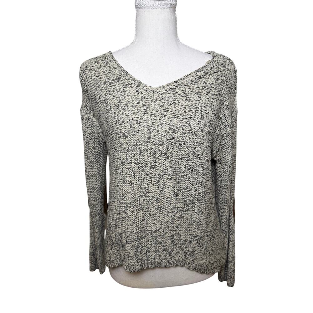 RDI Style Marled Knit Sweater Ivory Black Elbow Patch V Neck